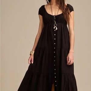 Lucky Brand Black Tiered Dress with Button Front